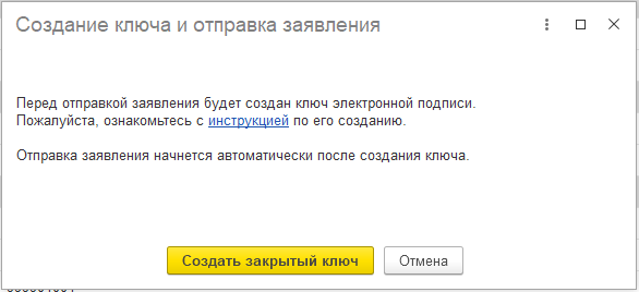 Окно «Создание ключа и отправка заявления»